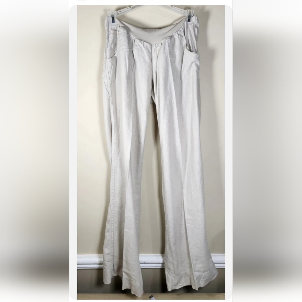 Motherhood Maternity Beige Tan Linen Pants Loose Leg High-Rise Size S Pockets